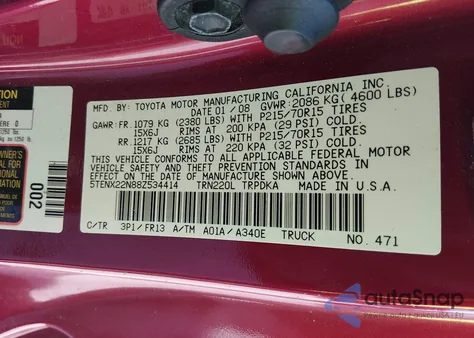 2008 Toyota Tacoma z USA, uszkodzony, nr VIN 5TENX22N88Z534414